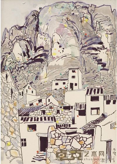 吴冠中 1982年作 石塘山下人家 395×27cm