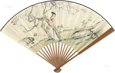 吴青霞 谭淑 1941年作 桃花仕女 行书 成扇