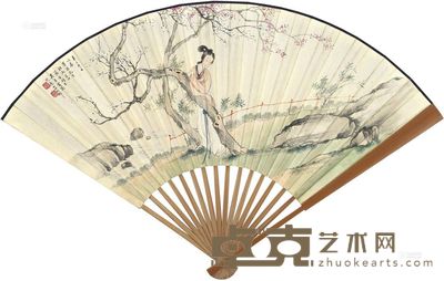 吴青霞 谭淑 1941年作 桃花仕女 行书 成扇 19.5×48.5cm