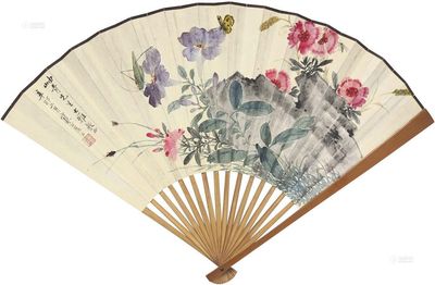 江寒汀 陈名珂 1951年作 牵牛 石竹 篆书 成扇