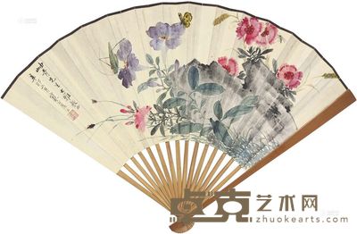 江寒汀 陈名珂 1951年作 牵牛 石竹 篆书 成扇 18.5×45cm