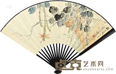 江寒汀 1948年作 豆荚蜻蜓 成扇 18×46.5cm