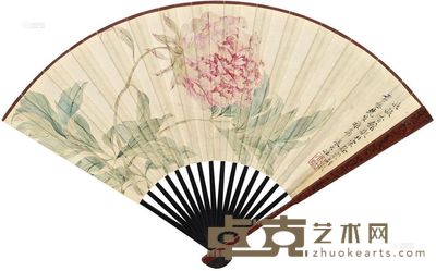 张大壮 孙儆 1941年作 牡丹 甲骨文 成扇 18×46.5cm