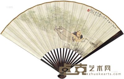 任颐 吴淦 1888年作 苇畔纳凉 行书 成扇 19.1×44.6cm