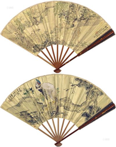 沙山春 王礼 1876年作 乡野嬉闹图 老松山雉 成扇