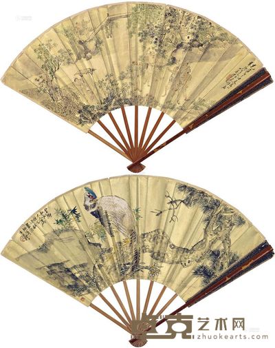 沙山春 王礼 1876年作 乡野嬉闹图 老松山雉 成扇 19.3×49.1cm
