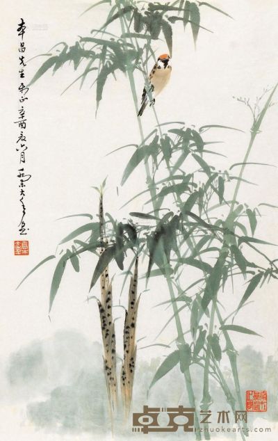 乔木 辛酉（1981）年作 翠竹小鸟 镜心 67×43cm