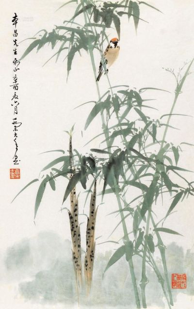 乔木 辛酉（1981）年作 翠竹小鸟 镜心