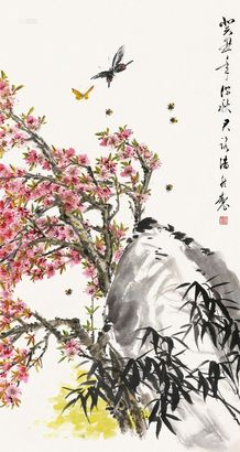 潘然 癸丑（1973）年作 桃花图 立轴