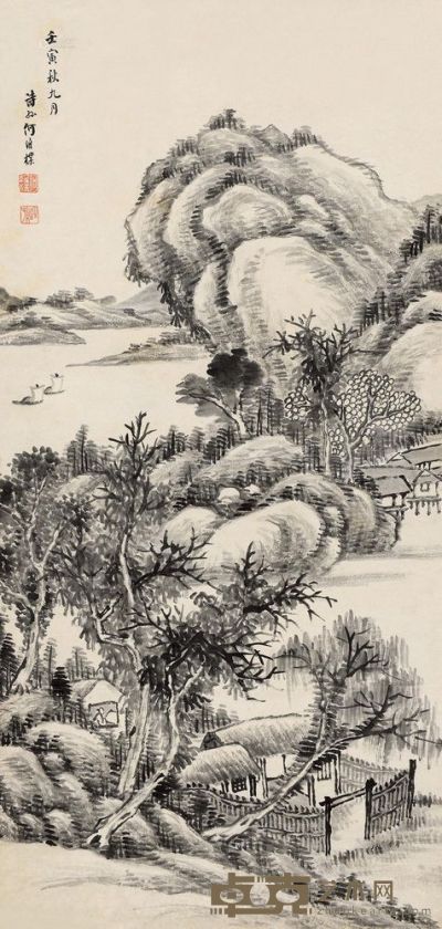 何维朴 壬寅（1902）年作 湖山归隐 立轴 85×41cm