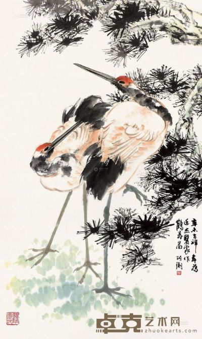 张渊 辛未（1991）年作 鹤寿图 立轴 82×49cm