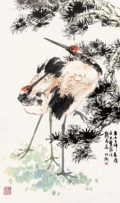 张渊 辛未（1991）年作 鹤寿图 立轴