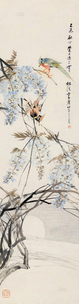 朱梦庐 乙未（1895）年作 紫藤翠鸟 立轴
