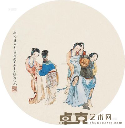 吴青霞 庚辰（1940）年作 仕女图 团扇片 直径28cm