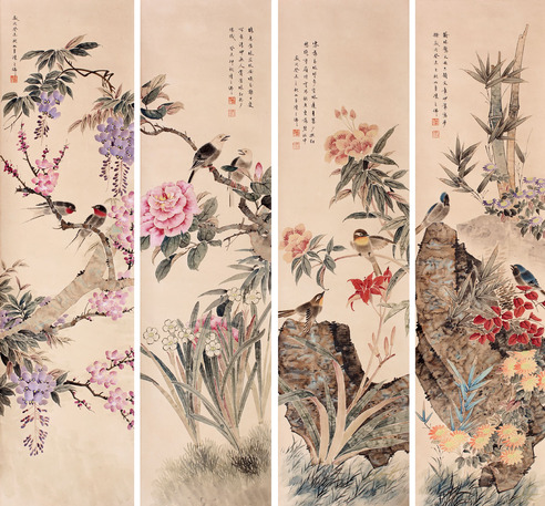 陈之佛 花鸟四屏立轴