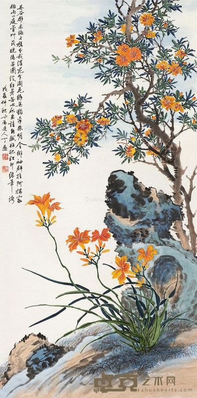 丁愚 榴花萱草 137×68cm