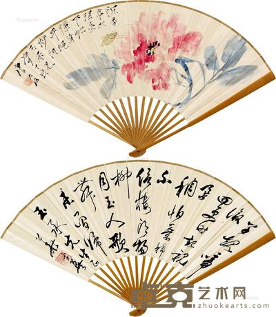 唐云 华士巽 牡丹螽斯 草书七言诗 18×48cm
