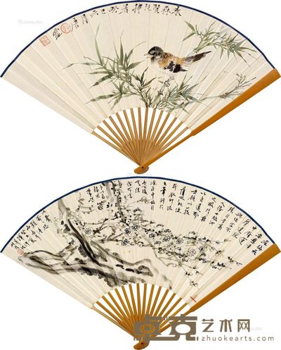 唐云 钱瘦铁 竹雀图 墨梅 19×47cm