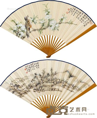 陆抑非 严昌堉 梨花鸣雀 溪山无尽 18×47cm
