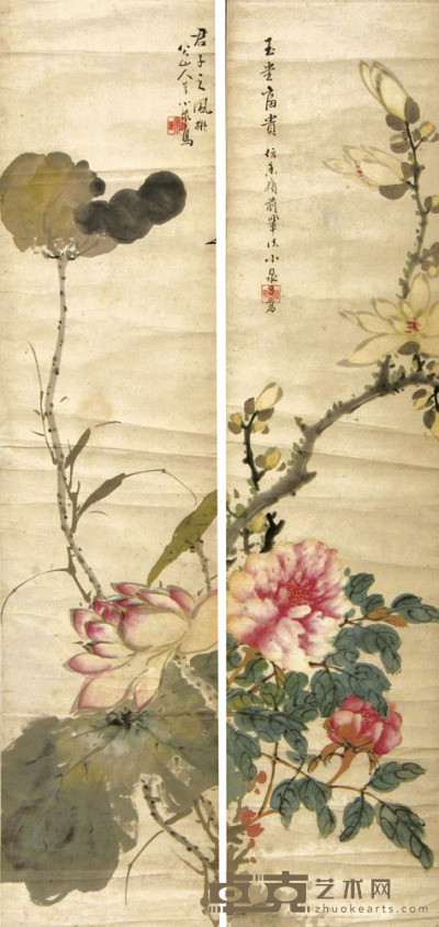 清 小泉 花卉 94×22cm×2