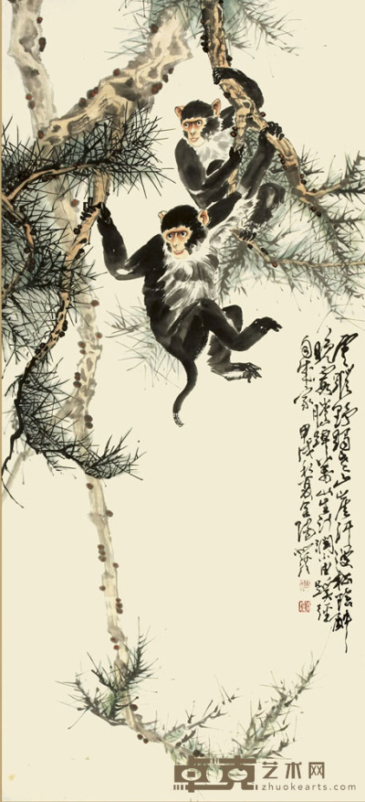 周北溪 双猴 143×64cm