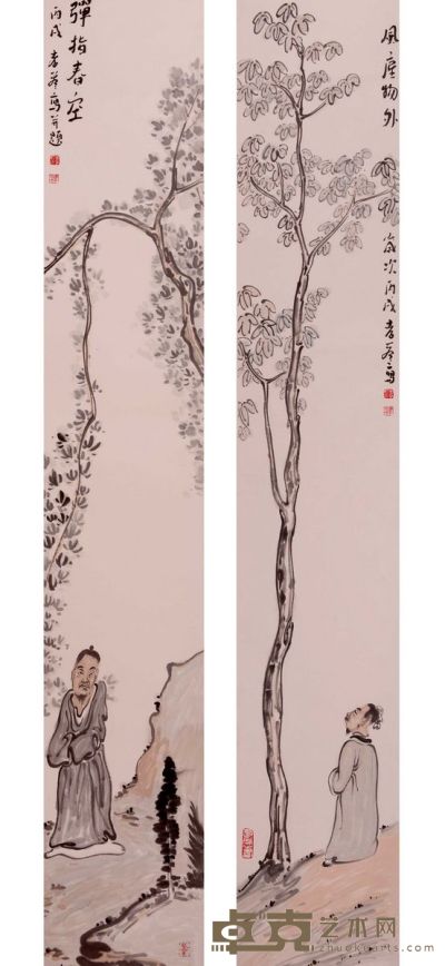 李孝萱 人物两幅 139×23×(2)cm 每幅约2.9平尺