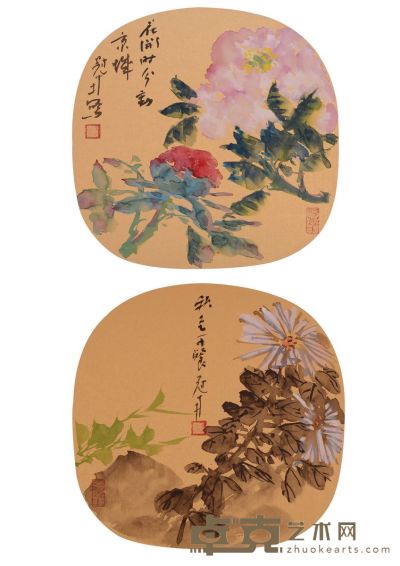 吴冠南 花卉两幅 32×33×（2）cm 每幅约1平尺