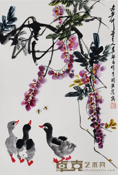 紫藤鸭戏图 娄师白 46×68约2.8平尺