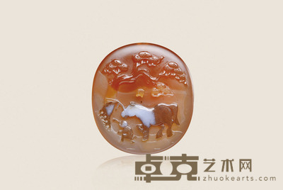 老玛瑙俏雕松下牧马图挂件 4.8×4.8