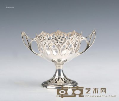 1900年 银制手工镂空雕刻花篮 高12.5cm