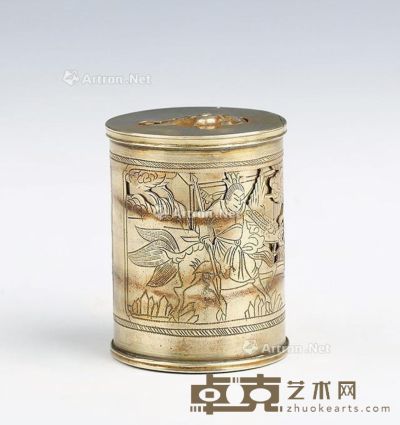 20世纪 白铜春宫茶叶罐 高7.5×直径5.3cm