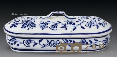 19世纪 带盖青花瓷盆 长24×宽10×高9cm