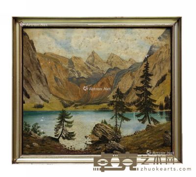 1900年代 《山间湖景》油画 长58×宽52cm