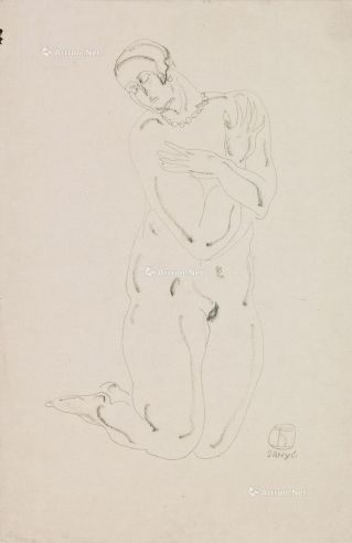 常玉 约1927年作 戴珠炼的裸女 炭笔 铅笔 纸本