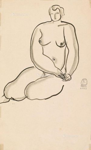 常玉 1929年作 坐着的裸女 炭笔 水墨 纸本