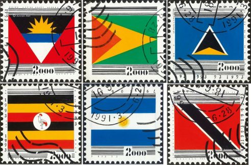 任戬 1991年作 集邮系列 （六件一组） 压克力 画布