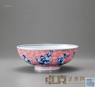 清嘉庆 青花胭脂红八仙碗 直径22cm