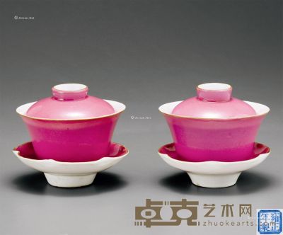 民国 胭脂红釉盖碗 （一对） 直径10.8cm