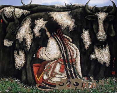 牦牛与藏女 漆画 80×100cm