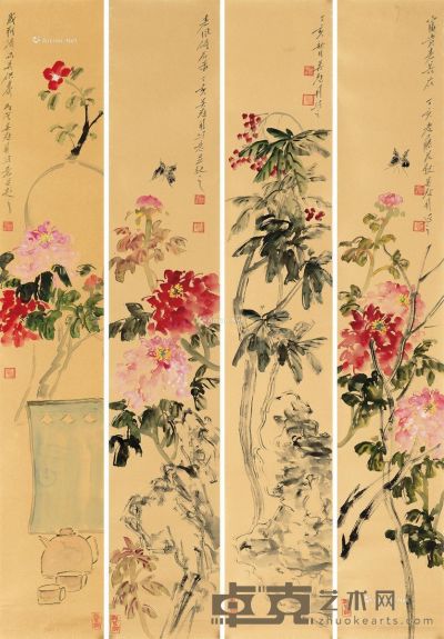 吴冠南 花卉 138×23cm×4