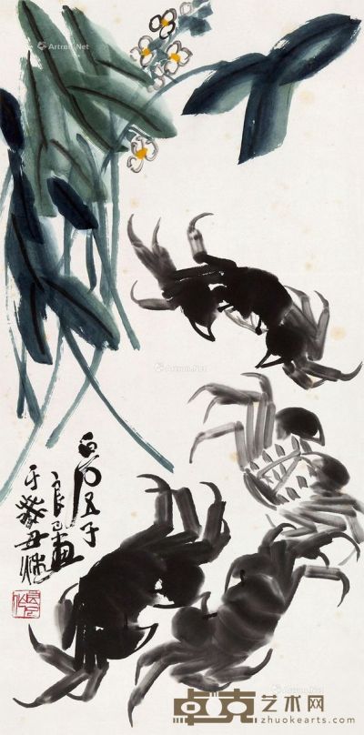 齐良已癸丑（1973）年作螃蟹图 70×34cm