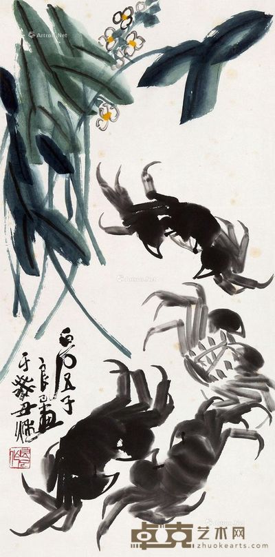 齐良已癸丑(1973)年作螃蟹图 70×34cm