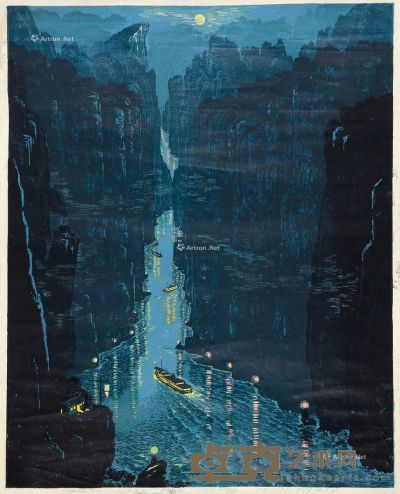 胡定宇1986年作珍珠路—三峡夜航 63×51cm