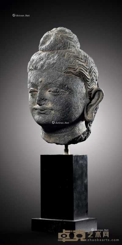西元2/3世纪 犍陀罗 灰片岩雕佛陀头像 高16cm