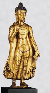 约14世纪 尼泊尔 铸铜鎏金授记印佛陀站相