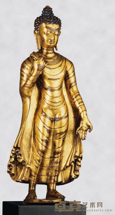 约14世纪 尼泊尔 铸铜鎏金授记印佛陀站相 高11cm