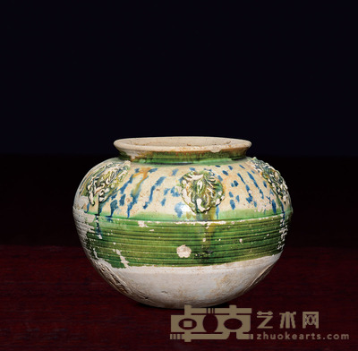 唐三彩点蓝模印贴花三足炉（缺三足） 口径：14cm
