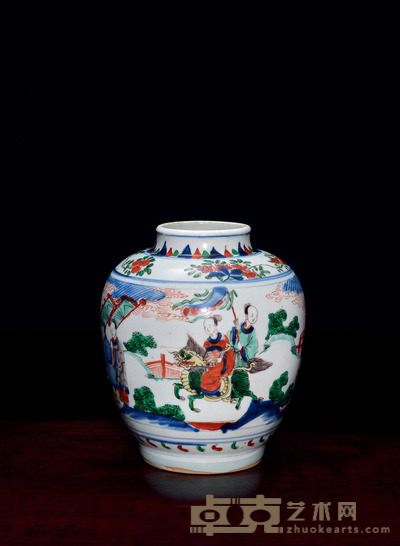 明末清初 青花五彩麒麟送子人物纹罐子 高：23.8cm