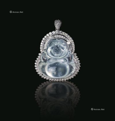 天然玻璃种翡翠配钻石弥勒佛挂件