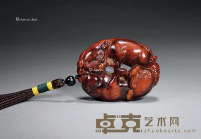 清 角雕双欢手把件 长7cm
